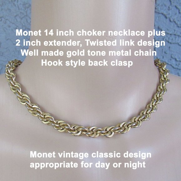 Monet 14 inch choker necklace plus 2 inch extender, Twisted gold link style, VTG - Picture 7 of 13